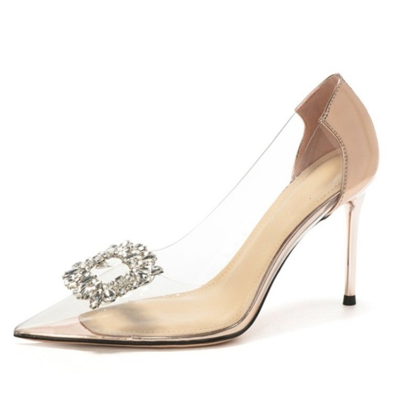 Transparent Rhie Square Buckle High 2024 Spring And Summer New Sexy Pointed Toe Shallow Mouth Stiletto Heels