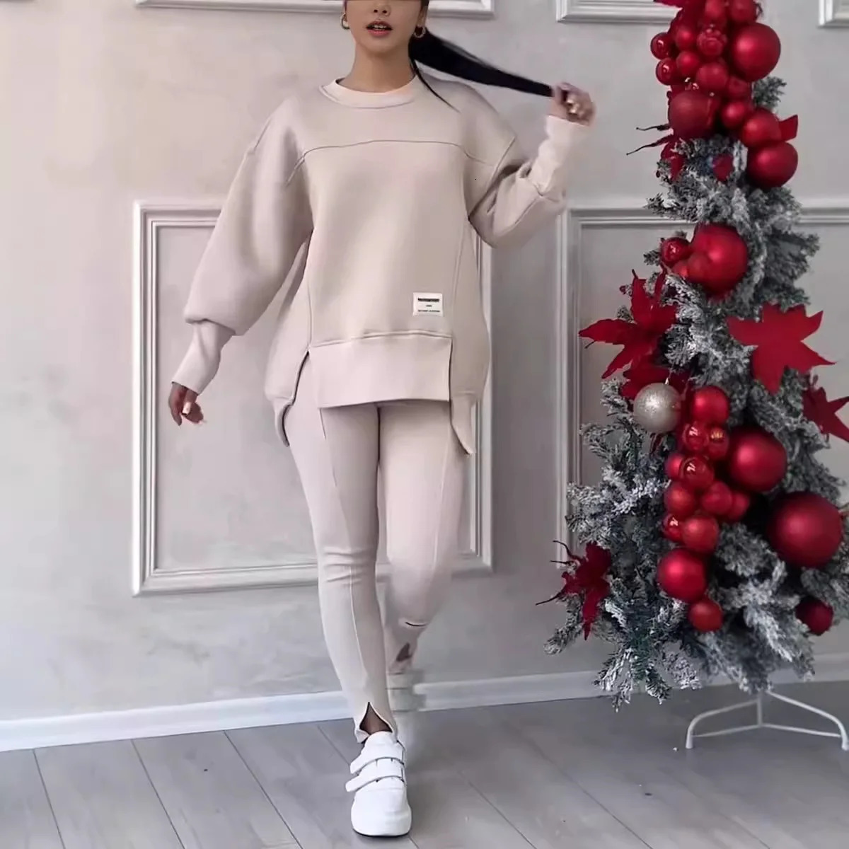2-piece womens sportswear hooded sweatshirt winter loose irregular topleg pants casual jogging set sportswear two-piece set 241230
