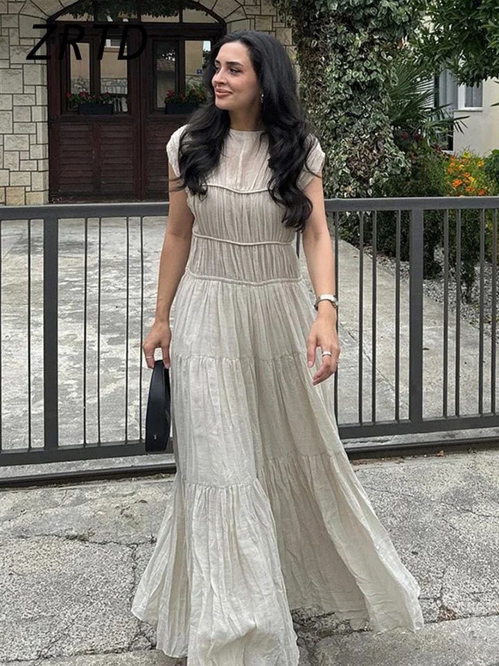Elegant ruffled backless long party dress for women loose O-neck sleeveless high waisted womens dress 2025 spring womens solid robe 250103