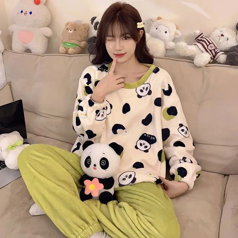 Keep Warm Womens Pajamas Set Femme Cartoon Print Top and Solid Pants Sleepwear Ladies Round Neck Long Sleeve 2 Pieces Homewear 250103
