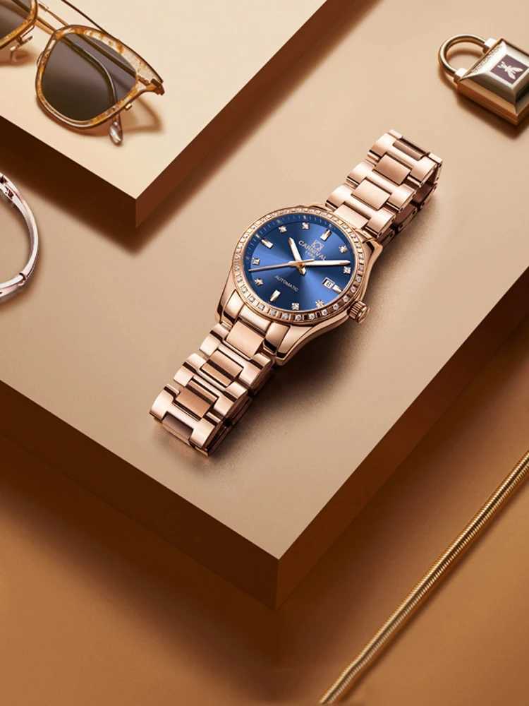 Carnival New Luxury Rose Gold Blue Dial Women Dr Automatic Mechanical es Bracelet Womens Gift Reloj Mujer W250104