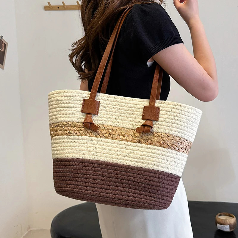 Large Capacity Summer Holiday Women Tote Bag Beach Straw Handbag Ladies Travel Shopping Bag Causal Female Shoulder Bag 250102
