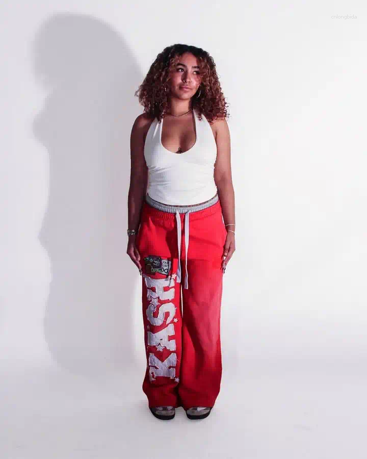 Long Jogging Pants Retro Red Y2K with Letter Patch Embroidery, Loose Elastic Waist Cool Mens Sweatpants