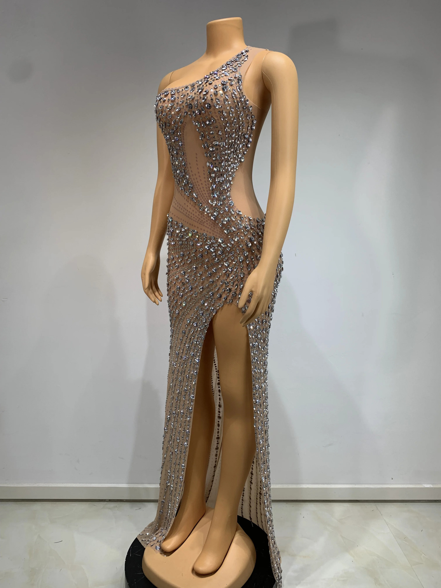 Womens Sparkling Rhinestone Sexy Mesh Stretch Long Dress Elegant Evening Dress Club Singer Stage Performance Costume 250103