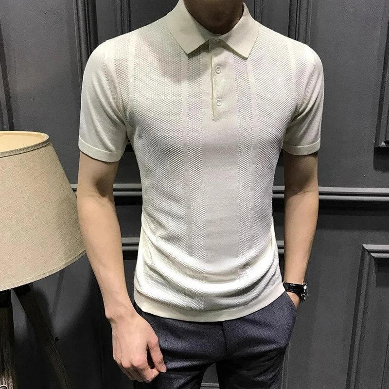 Business casual mens polo shirt summer solid collar button streetwear fashion office social long sleeved knitted T-shirt top 250103