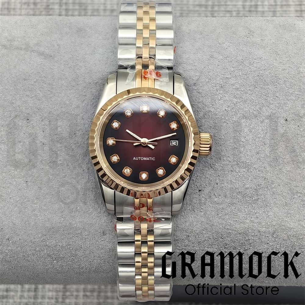 Gramock 26mm Womens 3 oclock Date Diamond Pink Mother of Pearl NH05 Automatic Silver Pearl Glass W250104