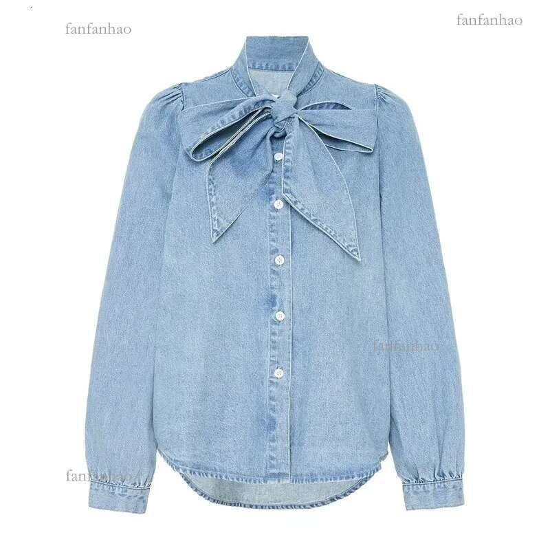 Woah Xd2949 shirt blouse women blusa feminina blusas women's new bow embellished Denim Shirt Top 210317