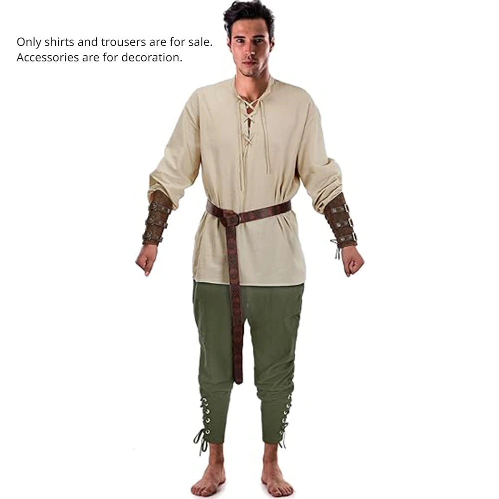 2Pcs Mens Medieval Knight Costume Set Renaissance Cosplay Pirate Shirts Ankle Banded Pants For Halloween Cotton Linen Fabric 250102