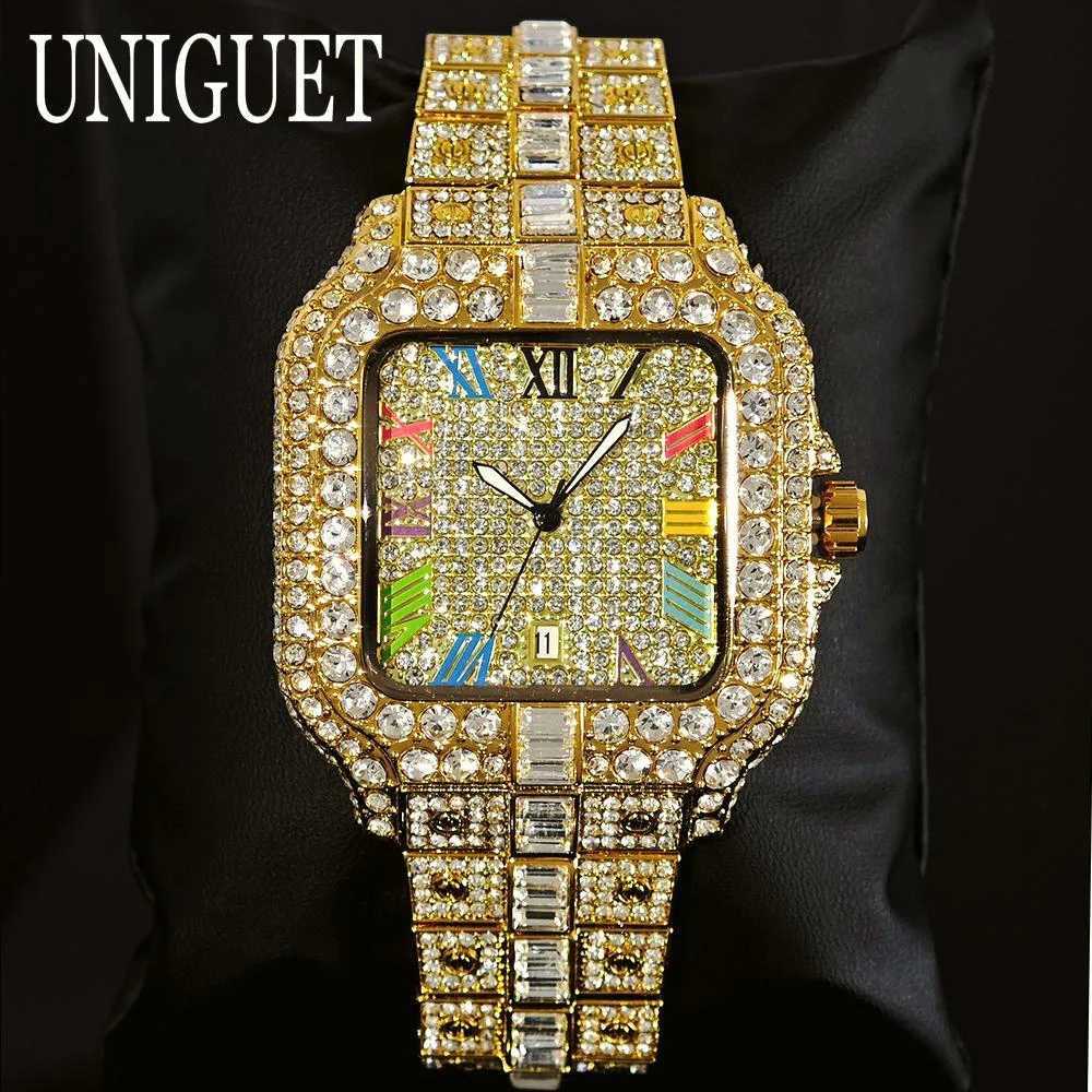 UNIGUET Mens Gold D Quartz Fashion Color Roman Square Mens Hip Hop Diamond AAA Jewelry Watch Gift 2025 W250104