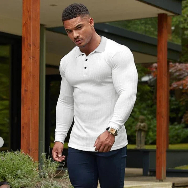 Spring and Autumn Fashion Mens Long Sleeve Knitted Polo Shirt Fitness Clothing Ultra Thin Fit Polo T-shirt Mens Fitness T-shirt Top 250103