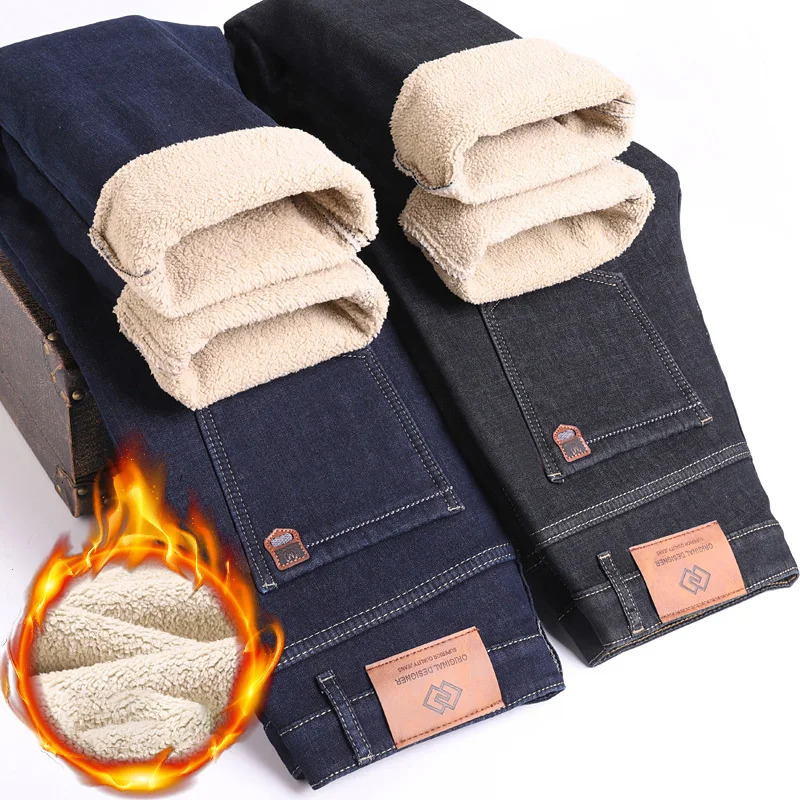 Winter Men Plush Wool Elastic Straight Denim Pants Soft Fabric Thicken High Waist Stretch Jeans Male Warm Fleece Work Trousers 241230