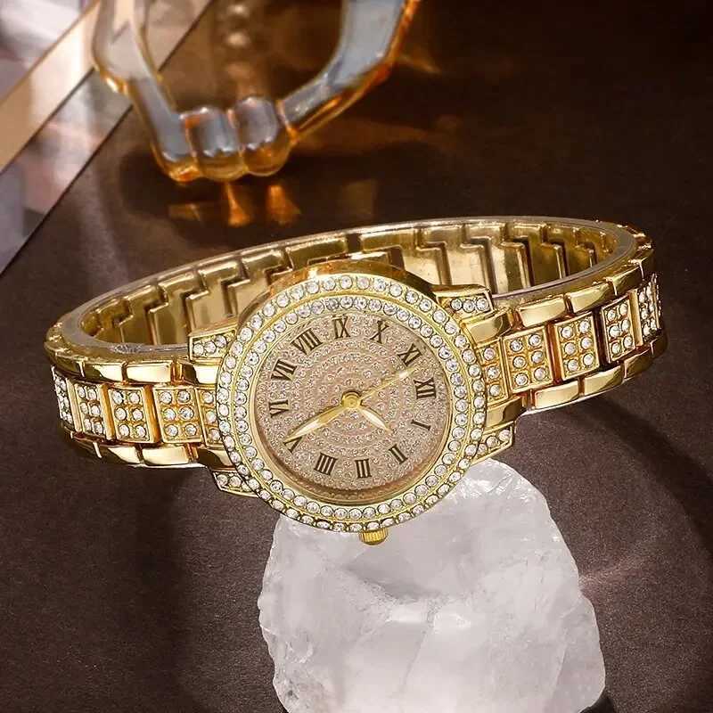 Golden womens ring necklace earrings rhinestone fashion watch womens casual womens bracelet set clock W250104