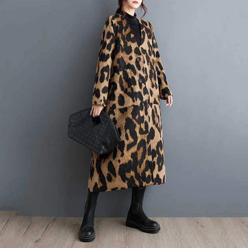 Beautyblue in Coats jackets Leopard Elegant Coat Woman Long Sleeves Pockets Split-Joint V-Neck Outerwear Female Trench Coats 241224