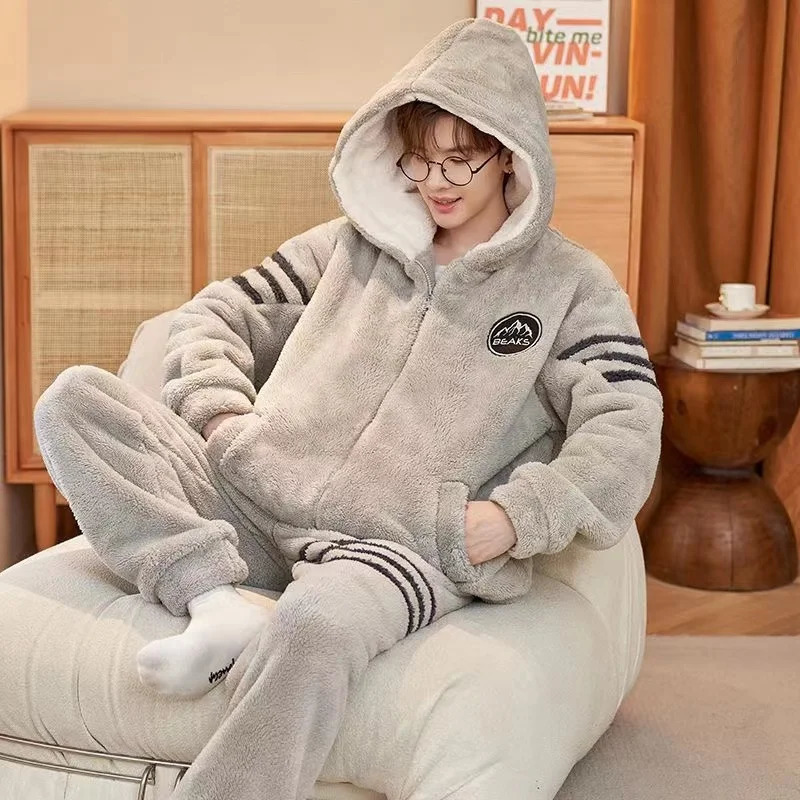 Male Zipper Pajamas Sets Winter Coral Fleece Warm Thickened Sleepwear MenThermal Flannel Pyjamas Turtleneck Lounge 250103