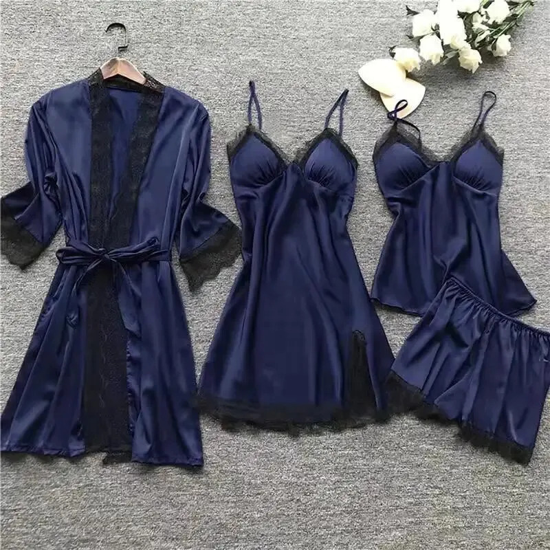 4PCS Sleepwear Pajamas Set Silk Women Nightdress Lace Dress Robe Sleep Nightwear Solid Color Pijama Sets 250103
