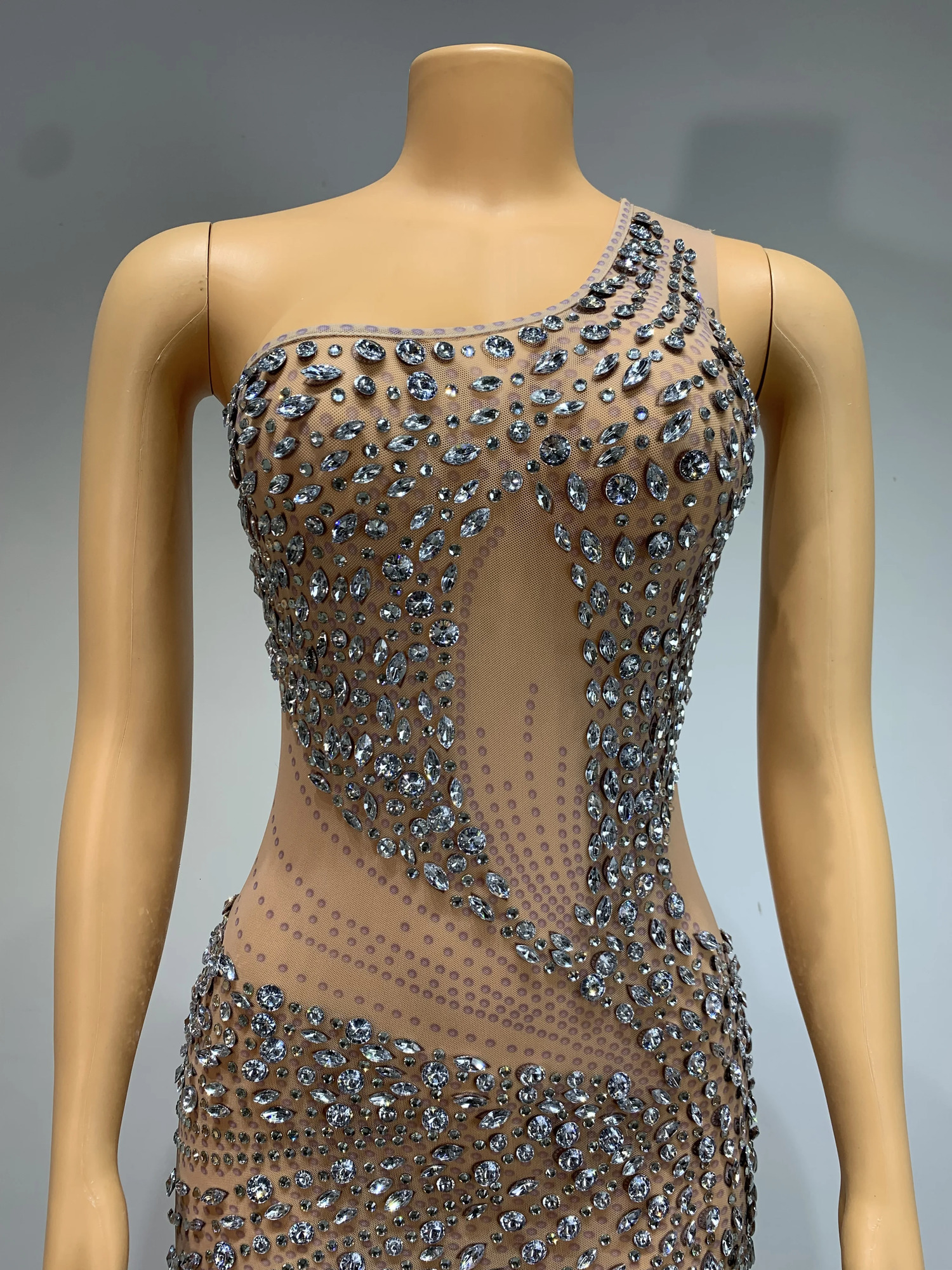 Womens Sparkling Rhinestone Sexy Mesh Stretch Long Dress Elegant Evening Dress Club Singer Stage Performance Costume 250103