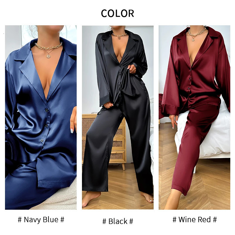 Womens 2 Piece Silk Satin Pajamas Long Sleeve Deep Vneck Lounge Sets Button Down Shirts And Pants Pj Fashion Oversized Outfits 250103