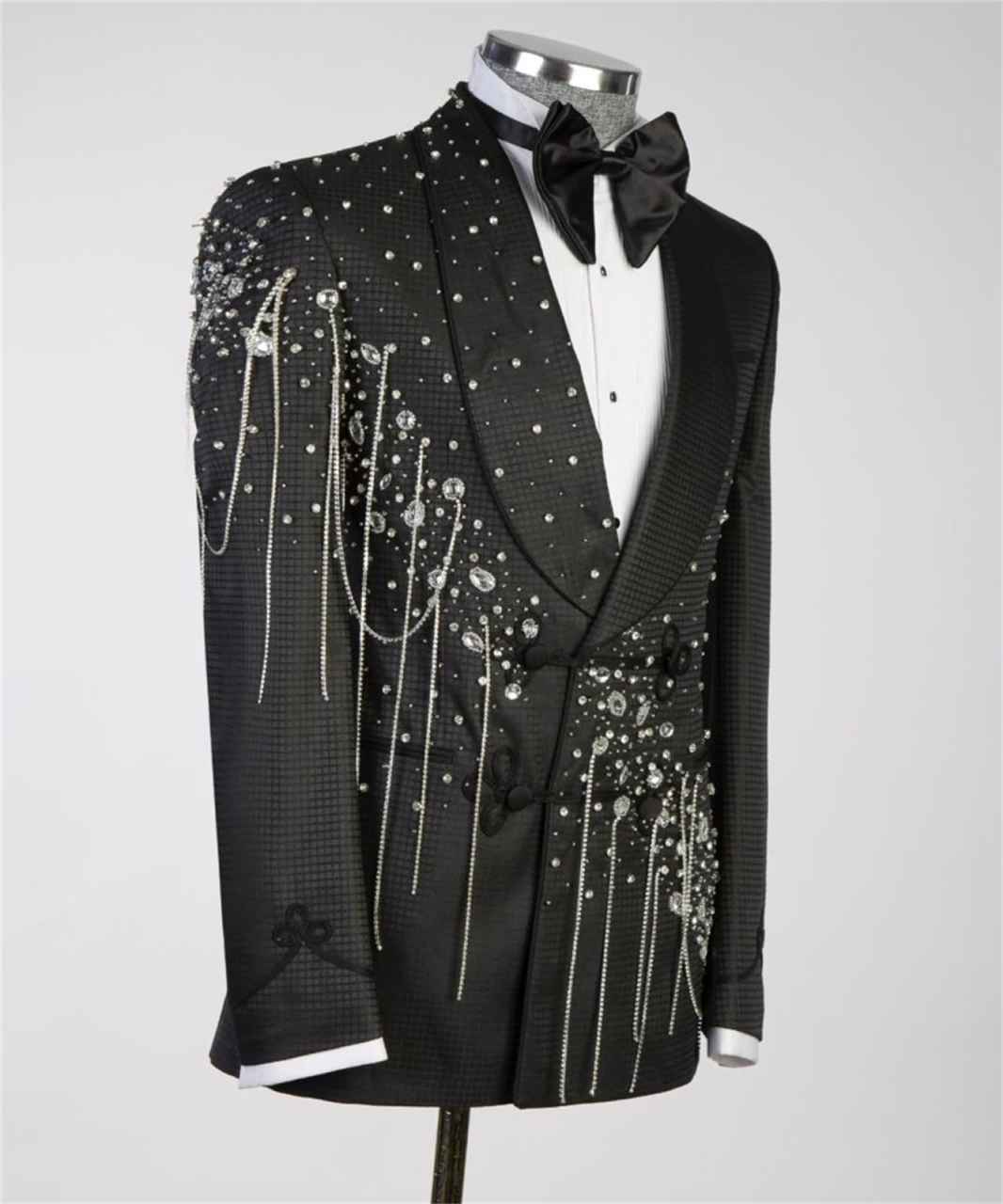 Handsome Crystals Beaded Suits Men Double Breated Jacket Pants 2 Pieces Groom Wear Tuxedos Custom Made Man Business Dinner Party Customized
