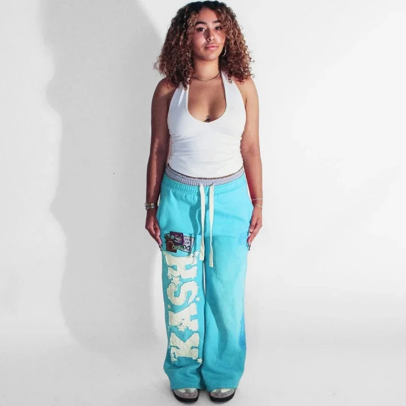 Y2K pocket printed sports pants with retro pattern patches cotton street wear double waist high waist pants mens fitness and casual pants 250103