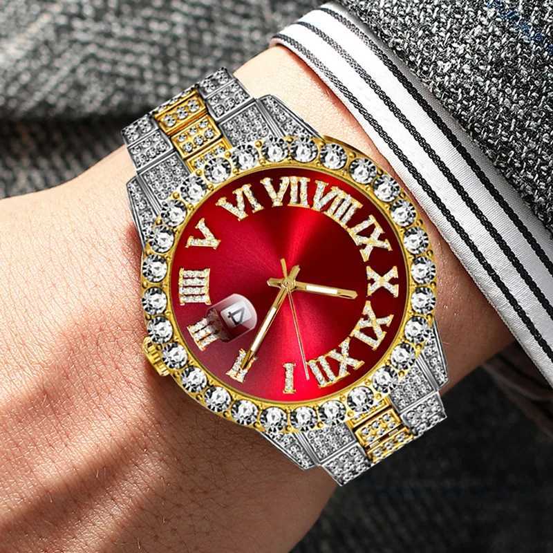2 pieces+Bracelet Hip Hop Stain Steel Gold Calendar suitable for mens d out Rhine stone mens Reloj Hombre W250104