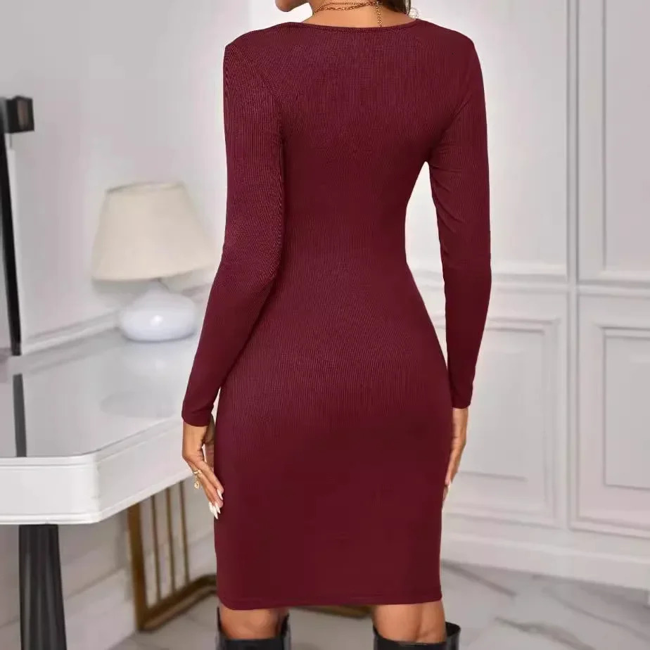 American Fashion Round Neck Long Sleeve Knitted Maternity Dress Tight Fitting Solid Color Short Pregnant Women Outfit Pregnancy 250103