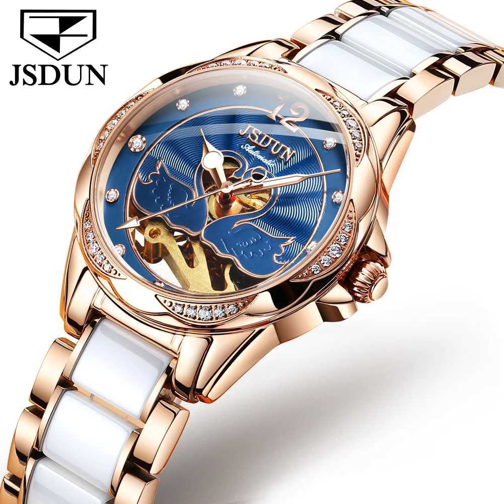 JSDUN Womens Luxury Automatic Mechanical Skeleton Design Diamond Wrist Spherical Mirror Ceramic W250104