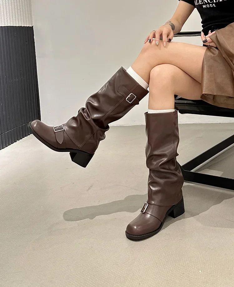 Comemore Autumn Women Biker Boots Fashion Belt Buckle Ladies Elegant Platform Long Pipe Booties Casual Womens Knee High Boots 250103