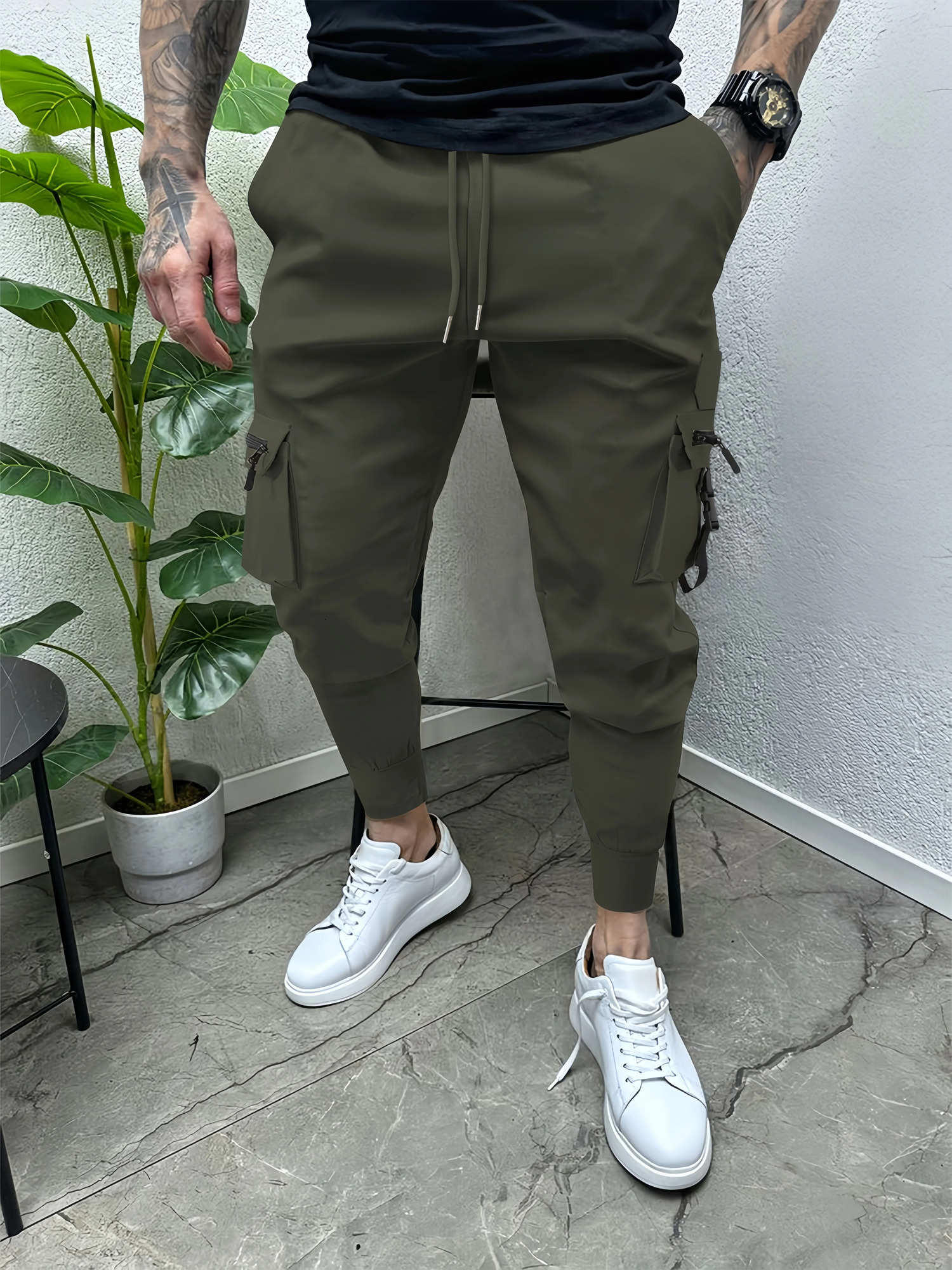 Mens zip-up buckle multi-pocket cargo pants 250102