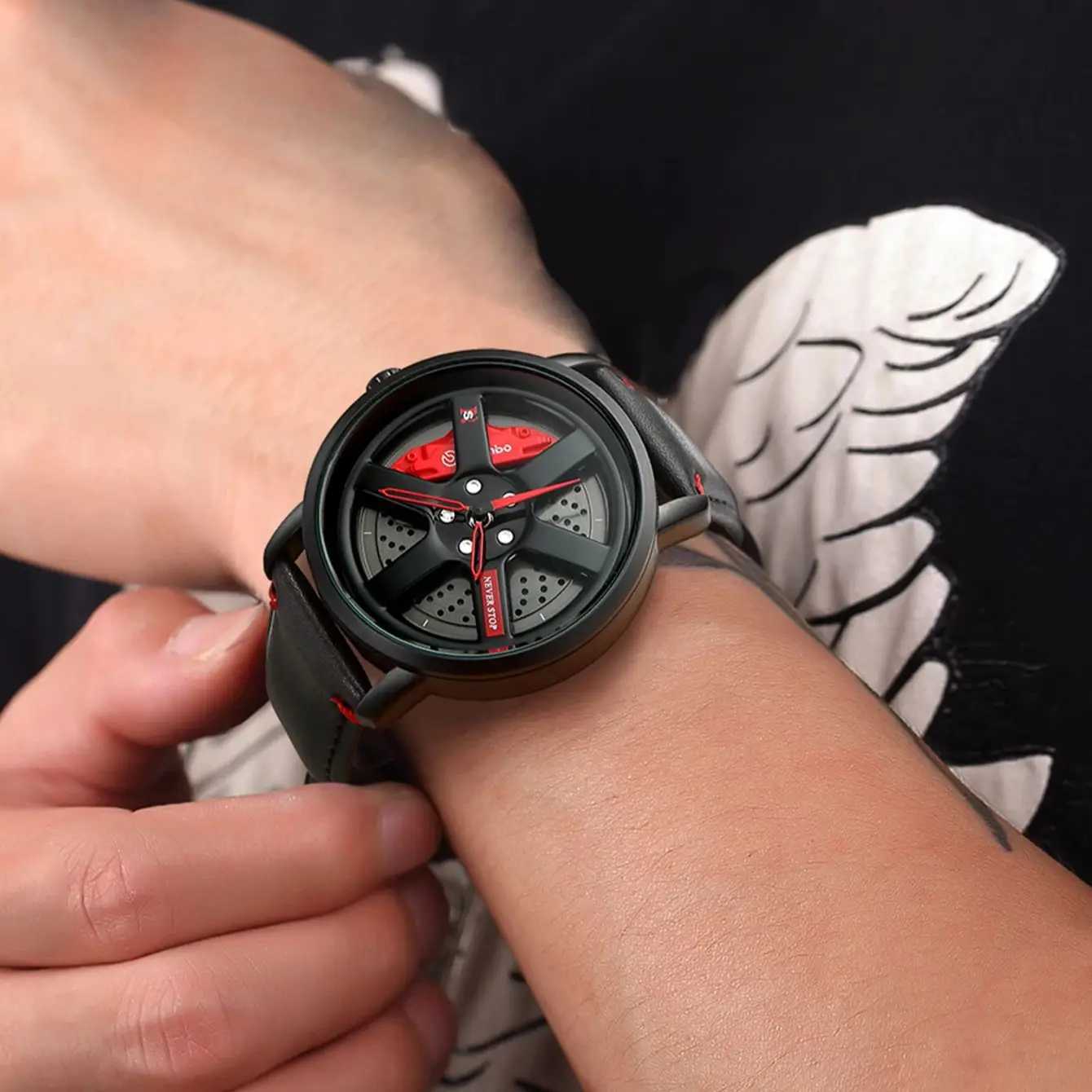 Mens Wheel Hub Mini Fashion Sports Calendar Leather Casual Quartz W250104