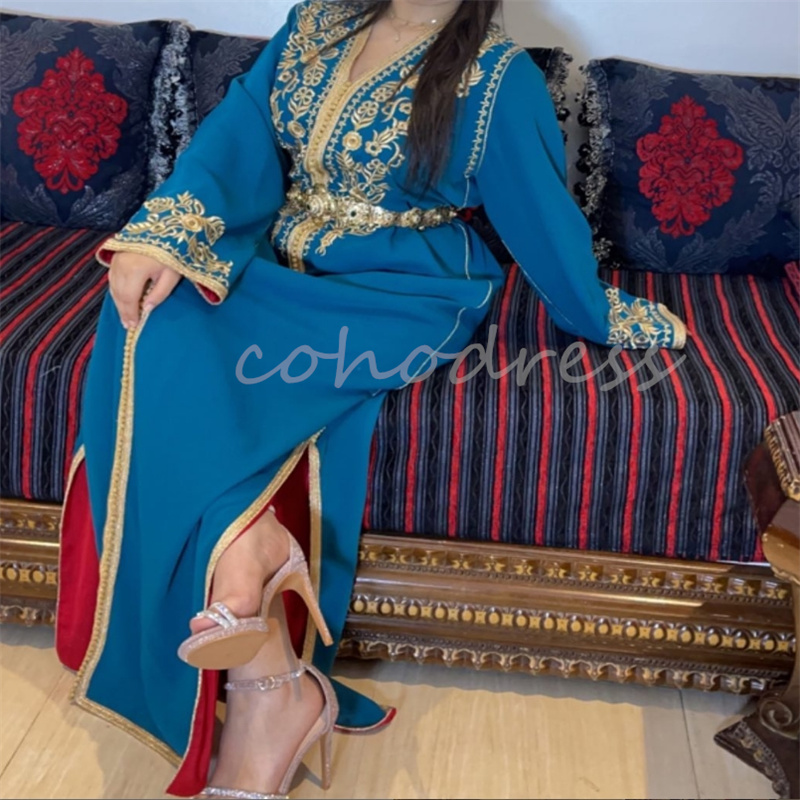 Arabian Caftan Blue Evening Dress Elegant Embroidery Plus Size Prom Dress Long Sleeve Arabic Dubai Formal Party Gown Luxury Vestidos De Novia Middle E