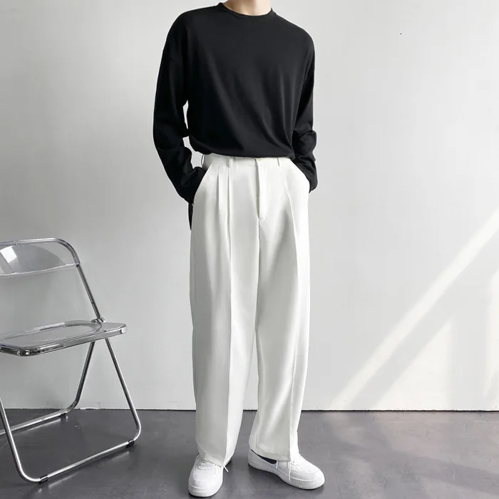Japanese and Korean Men Thin Pendant Casual Dress Pants Men Ins Nine Points Loose Straight Leg Casual Wide Leg White Suit Pants 250103