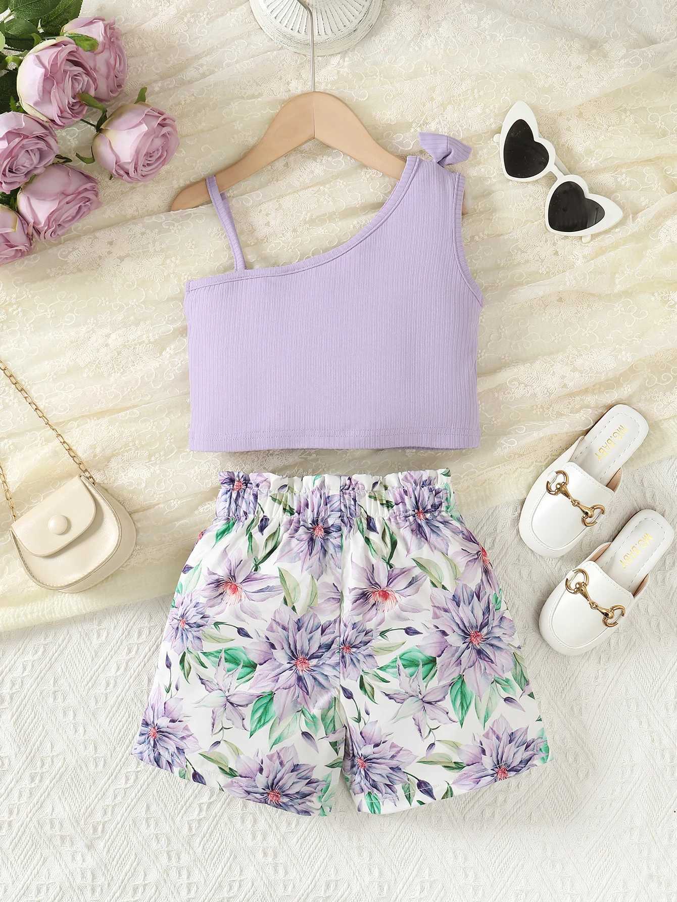 2PCS Summer Childrens Girls Clothing Set Pendant Bow Top+Flower Shorts Fashion Design Par Childrens Girls Clothing 1-8 YearsXJ250410