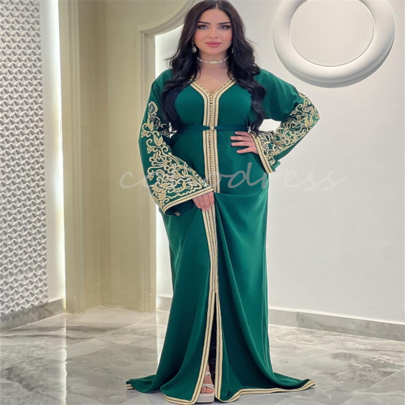 Emerald Green Embroidery Kaftan Evening Dress Modern Plus Size Middle East Arabian Dubai Prom Dress Engagement Formal Oriental Tunisian Vestio De Fies
