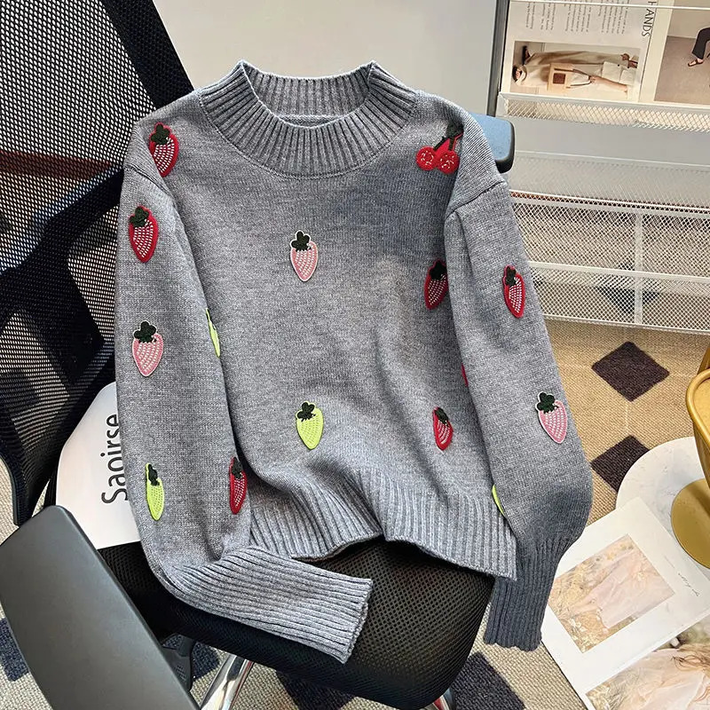 Women Clothing Embroidered O-neck Sweater Women Autumn Winter Fleece Warm Slim Top Tee All-match Printing Long Sleeve Tops 241223