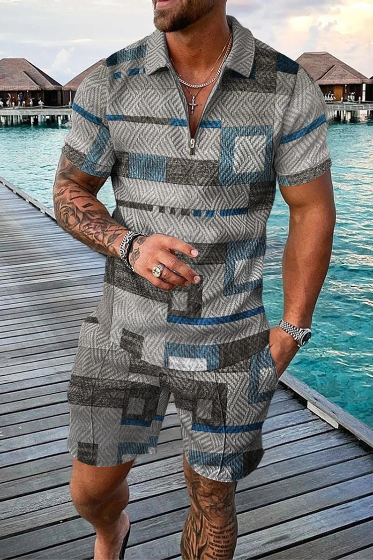 Fashion Summer Mens Tracksuit Short Sleeve Polo Shirt Set Chain Print Clothing 2 Pieces Casual Suit Streetwear Outfit 250102