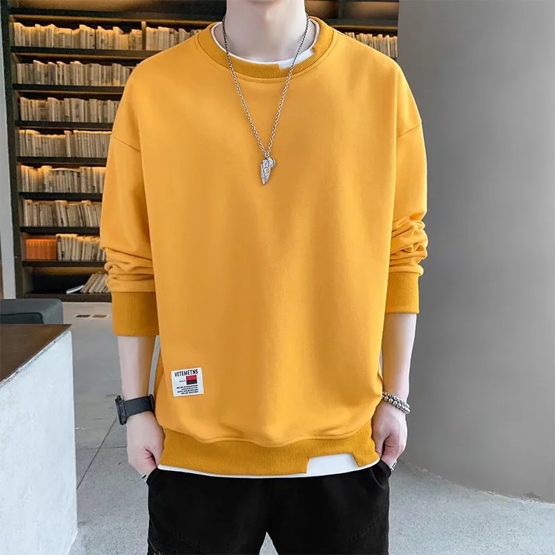 Autumn and winter hoodie mens Korean version loose round neck fake two-piece velvet long sleeved trendy versatile top trendy and fashionable for men