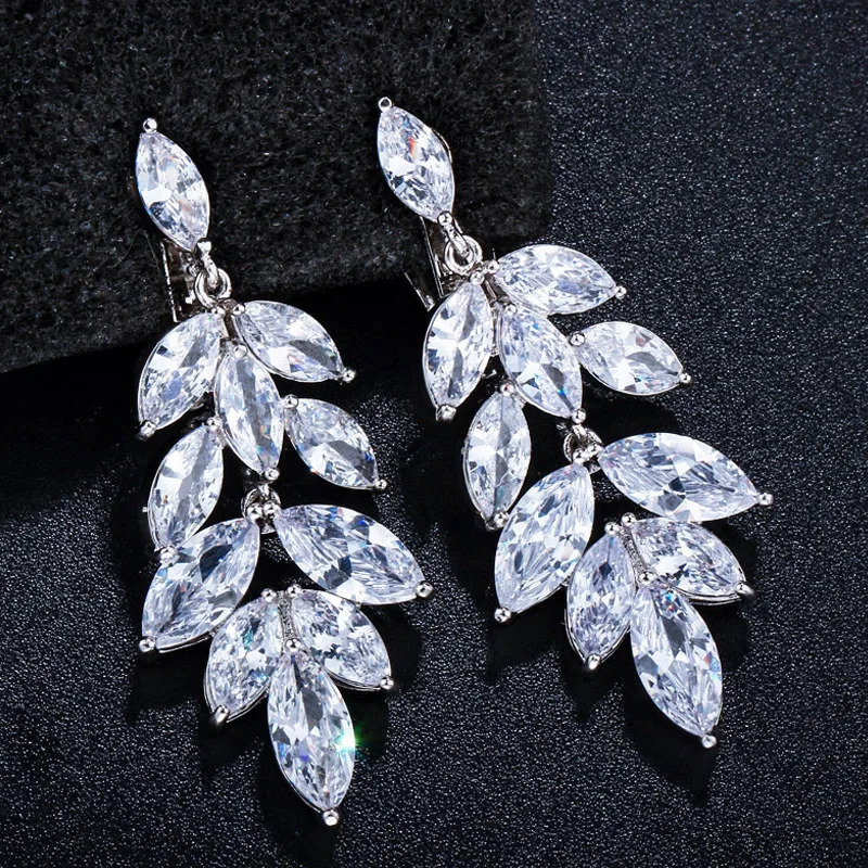ThreeGraces Sparkling Marquise Cut CZ Crystal Bridal Wedding Long Drop Clip On Earrings for Women Non Pierced Ear Jewelry EJ0032 250103