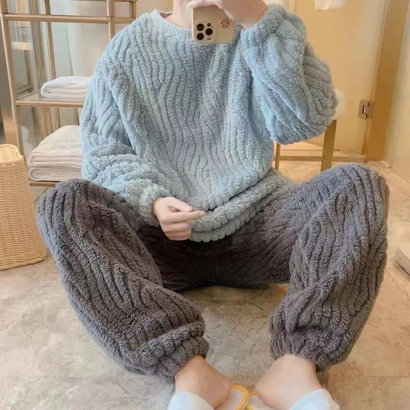 Thickened Warm Flannel Men Pajamas Round Neck Autumn and Winter Young Large Size Homewear Solid Striped Sleepwear Loungewear 250103