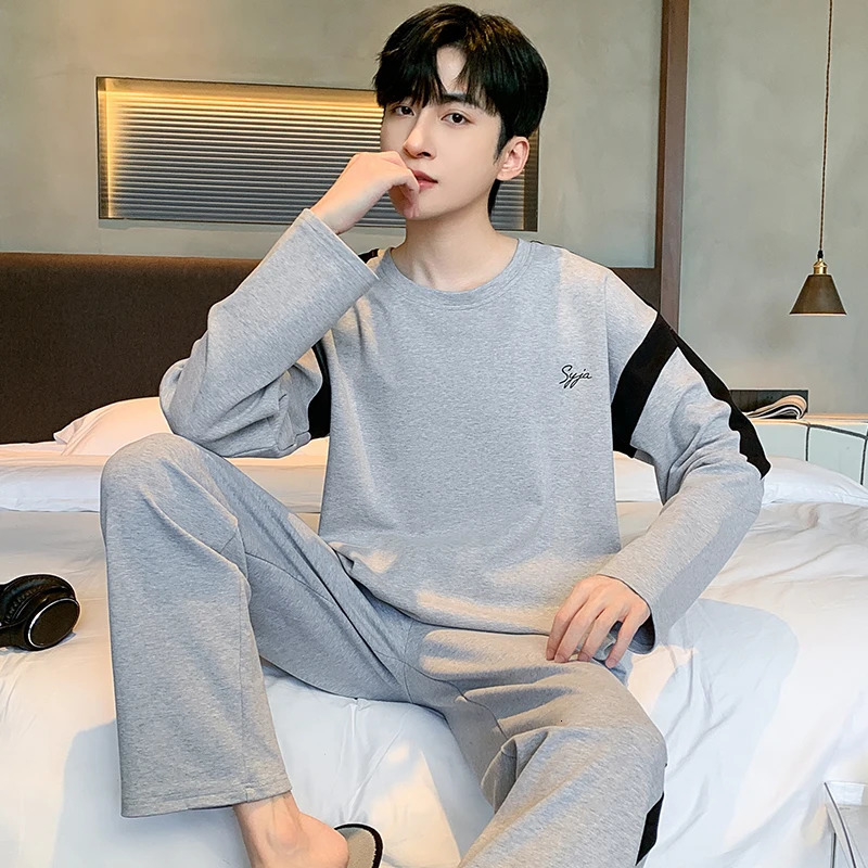 L6XL Striped Print Oneck Plus Size Mens Pajamas Fashion Mature Men Combed Cotton Nightwear Autumnwinter Lounges Y2k 250103