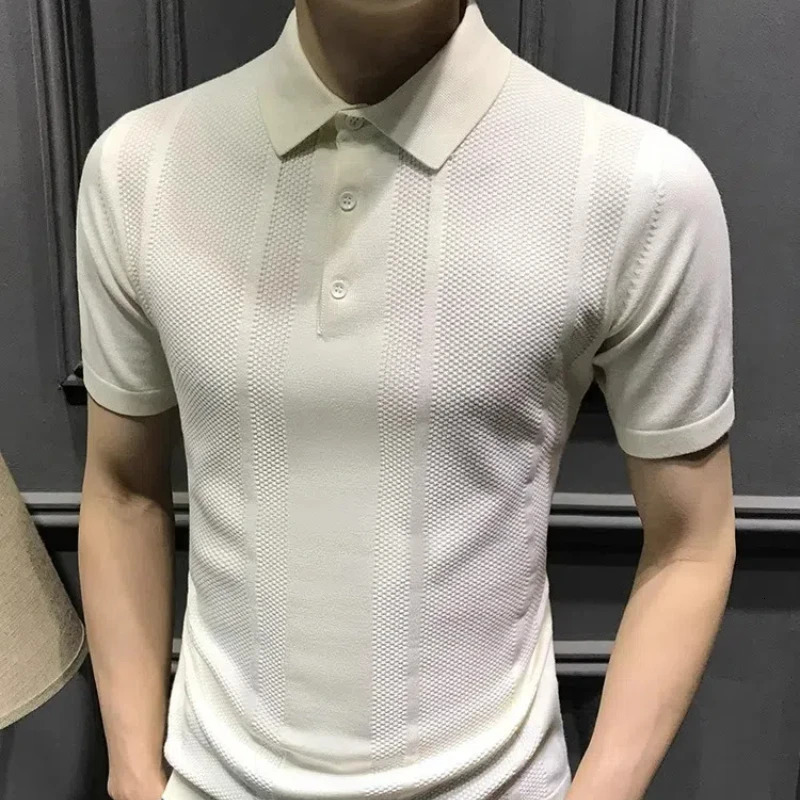 Business casual mens polo shirt summer solid collar button streetwear fashion office social long sleeved knitted T-shirt top 250103