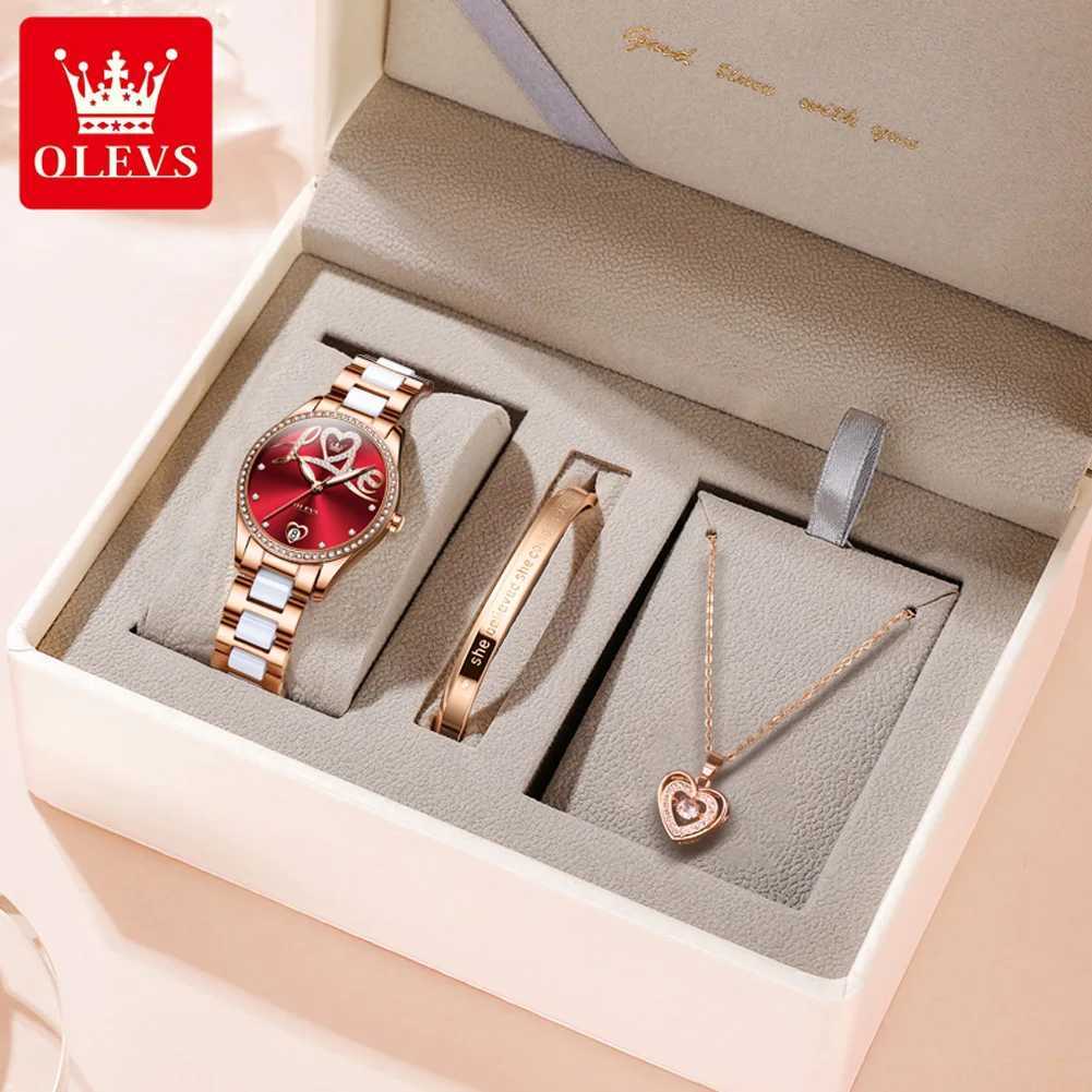 OLEVS Original Automatic Womens Watch Elegant Diamond Dial Ceramic Str Mechanical Watch Set W250104