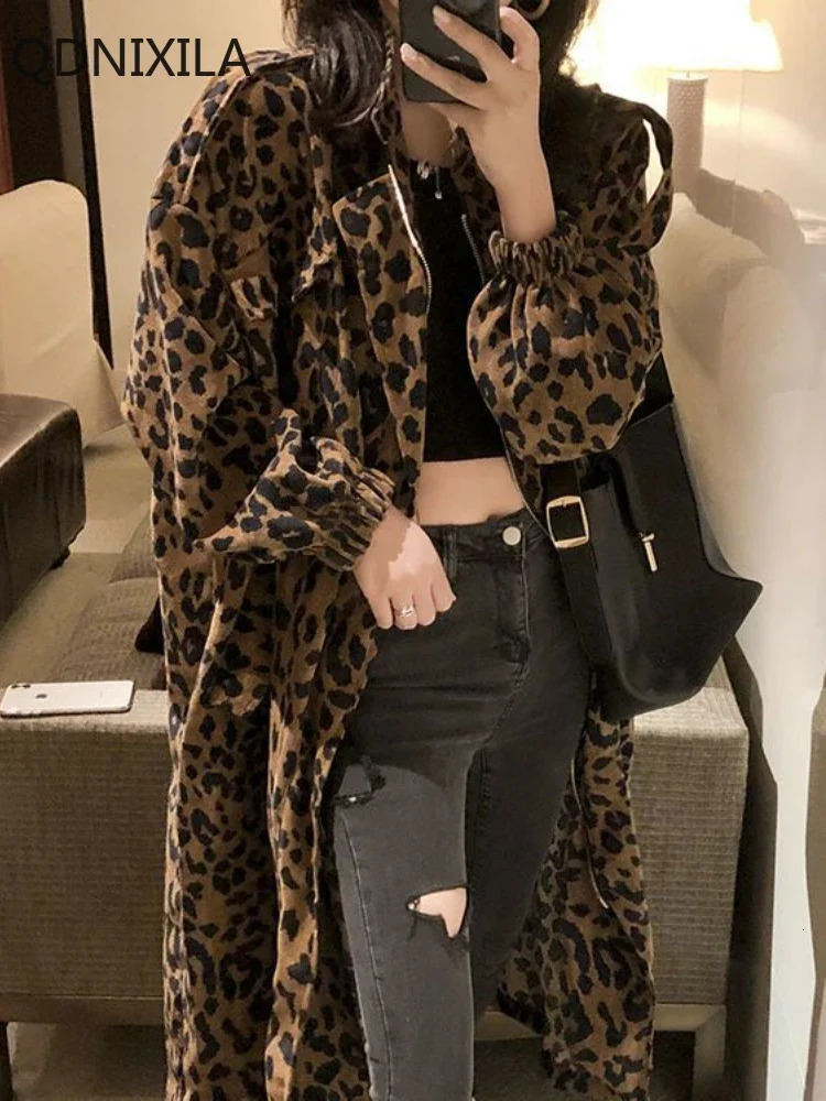 Leopard Print Trench Coat for Women Loose Tooling Jacket Medium and Long Korean Version Outerwears 2024 Autumn 241224