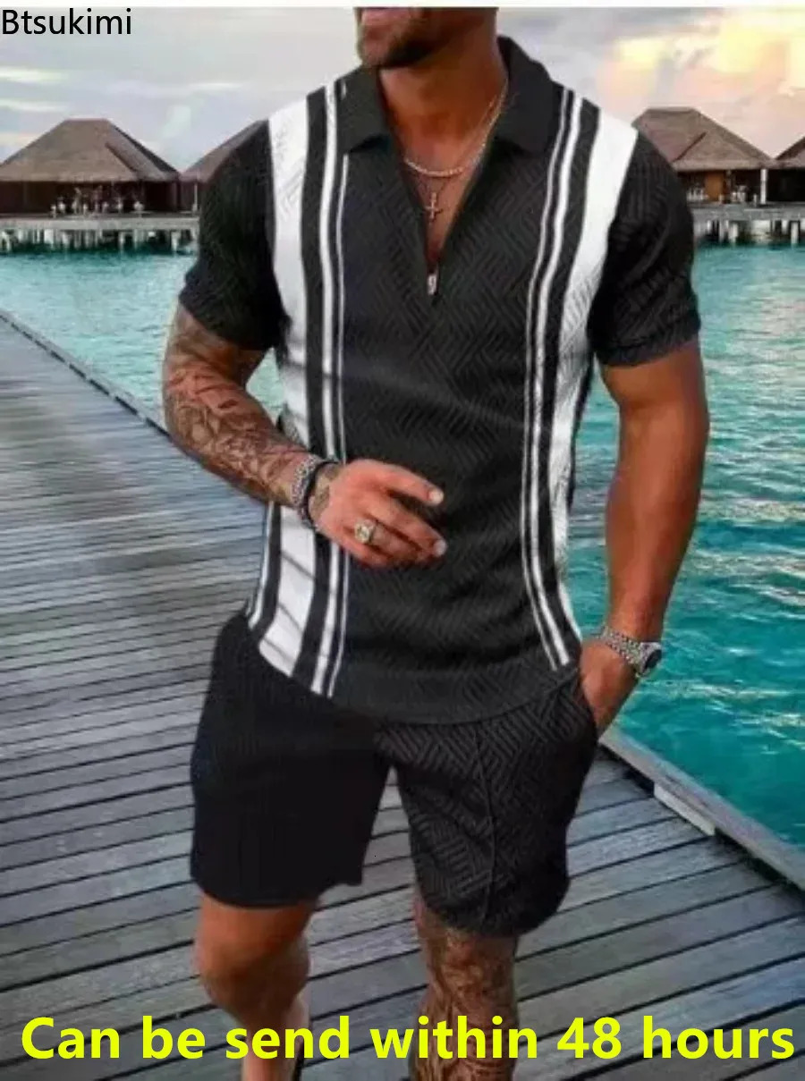 2024 Trend Men Streetwear Fashion Half Zip Polo Shirtsshorts 2 PCS Sets Mens 3D Digital Print Casual Suit Male Tracksuits 250102