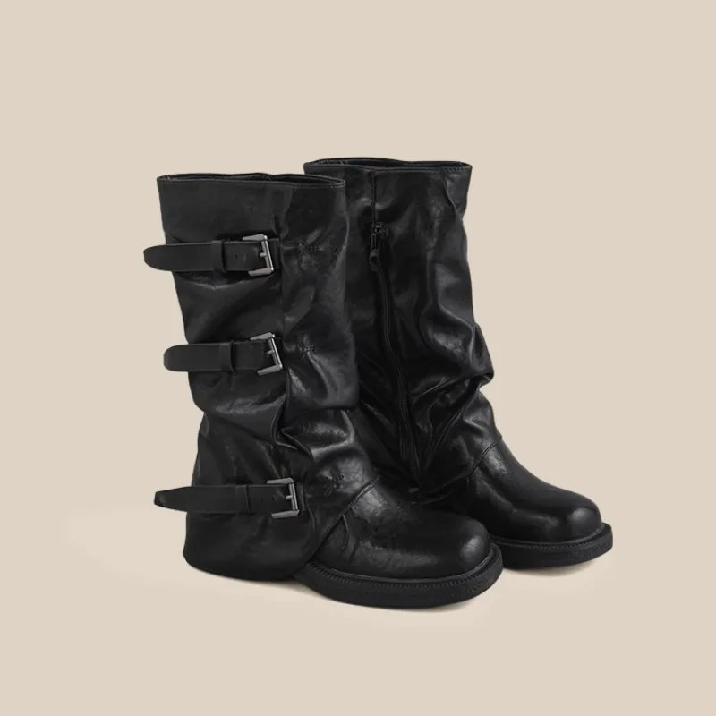 Round Toe Belt Buckle Women Boots Fashion Flat Sole Mid Calf Autumn Niche Patent Leather Soid Women Shoes Arrivals 250103