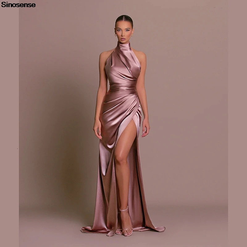 Women Elegant Long Evening Cocktail Party Dress Sexy Halter Backless Ruched High Split Bodycon Wedding Guest Bridesmaid 250103