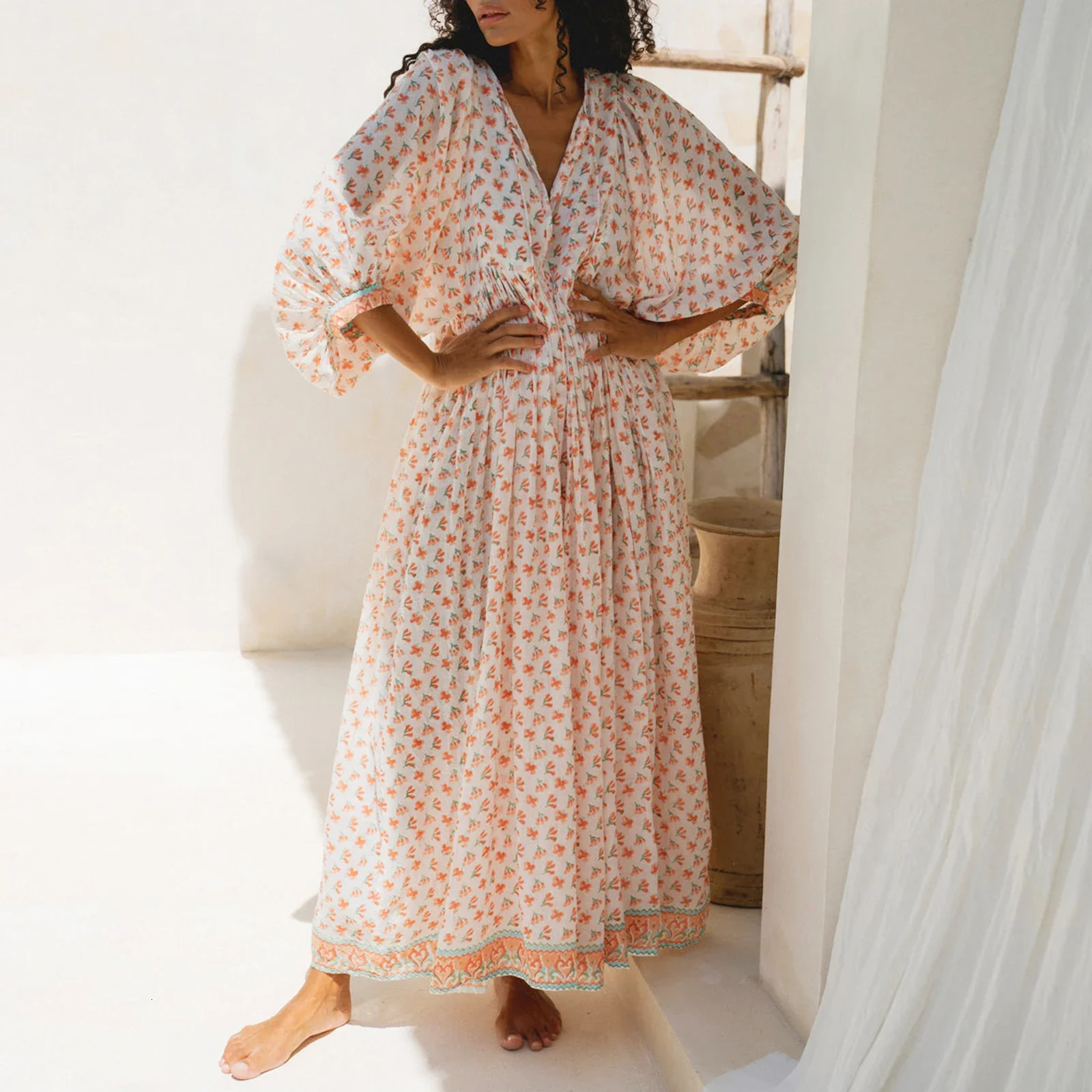 Womens floral Maxi dress Y2k Bohemian print 3/4 lantern sleeves V-neck dress Holiday beach loose swing sun dress Party club uniform 250103