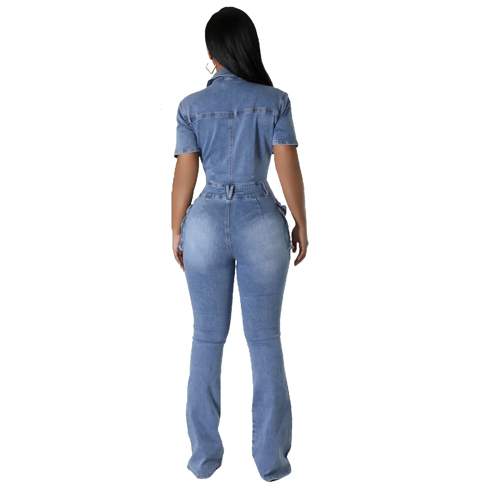 Women Short Sleeve Slim Elastic Bleached Denim Jumpsuit Bell Bottom Pants High Waist Overall 241230