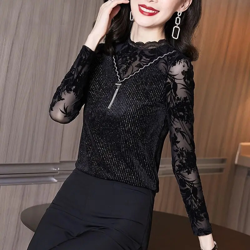 Womens shirt lace autumn/winter long sleeved womens shirt black Blusas Mujer De Moda 241231