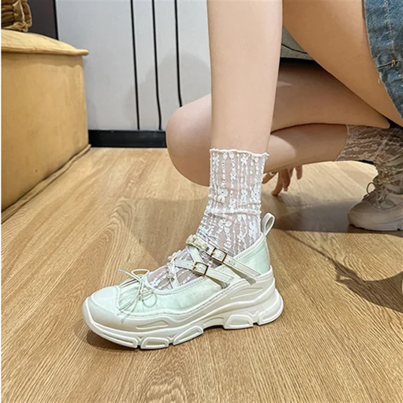 String Bead Butterfly-Knot Breathable Women Sneakers Lace-Up Thick Bottom Hand-made Ladies Shoes Casual Fashion Tenis De Mujer 250103