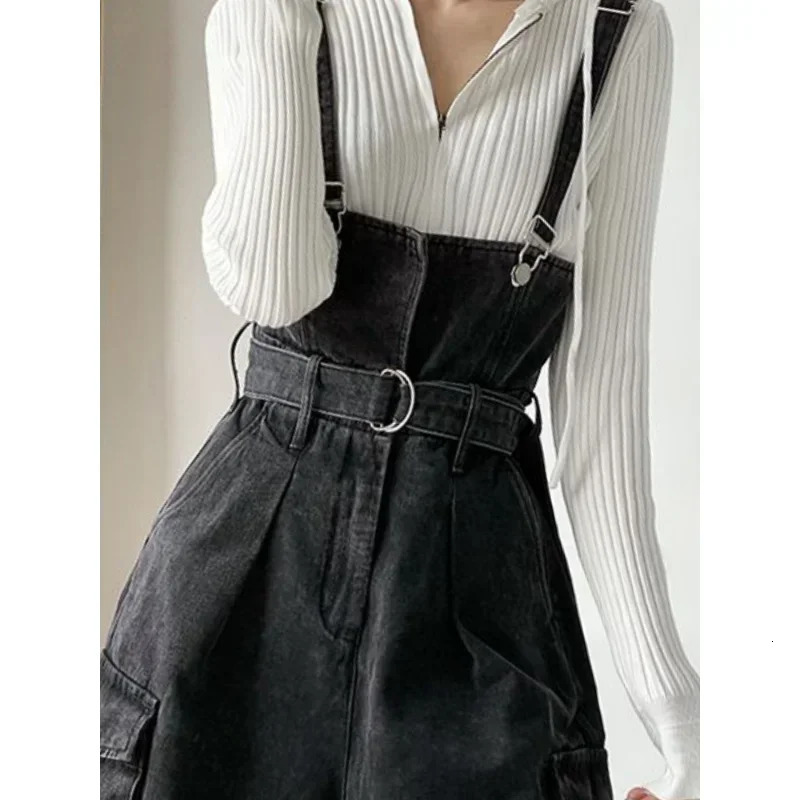 Denim Jumpsuits Women High Waisted Cargo Trousers American Streetwear Teens Personal Hipsters Pure Big Pockets Washed Clothes 241230